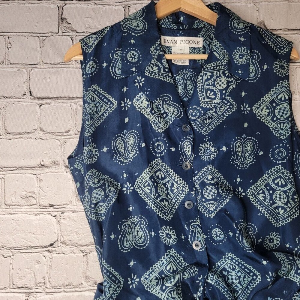 Evan Picone 100% Silk Blue Geometric Print Cutout Middle Collared Dress Size 10 - Picture 4 of 15